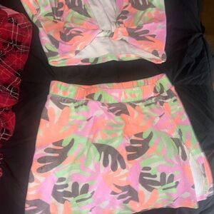 Colorful Tropical Print Skirt and Top Set